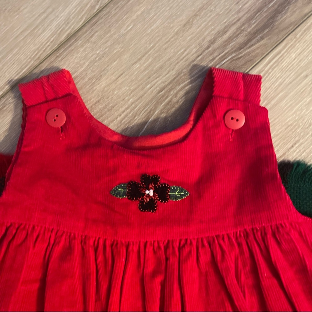 Vintage Red Corduroy Embroidered Girl 3T Dress Plaid Scottish Dog Floral Hearts - Picture 4 of 7